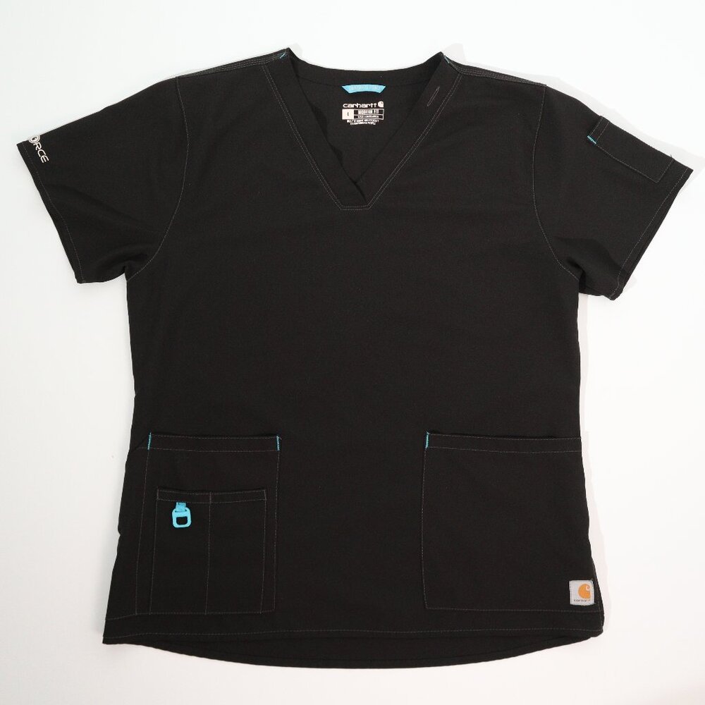 Carhartt Force Scrub Top Large Black Blue Accents V-Neck Zipper Pockets Workwear